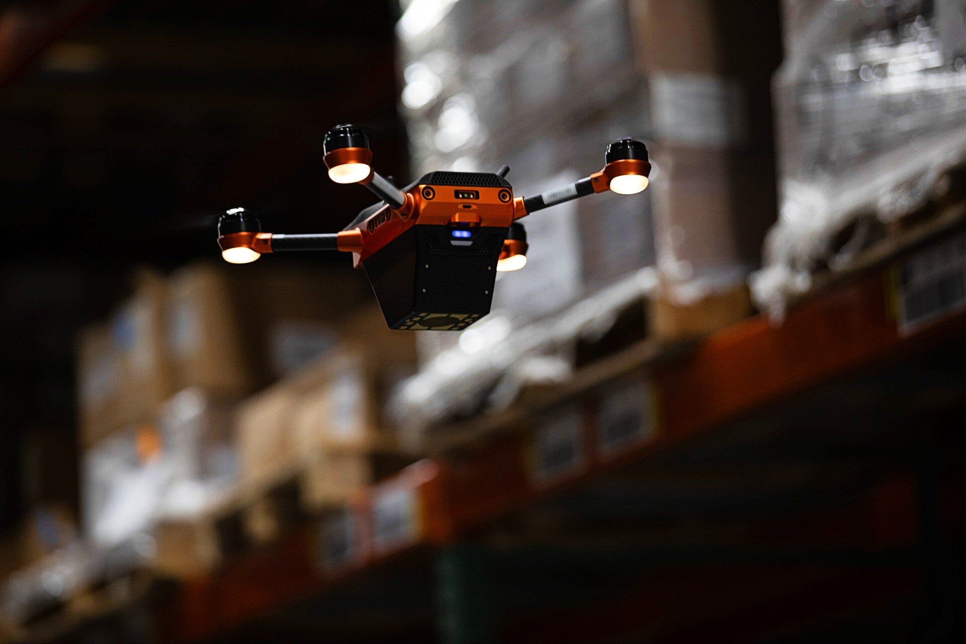A Corvus One drone performs a lights-out cycle counting mission at Staci Americas' New Jersey distribution center. 