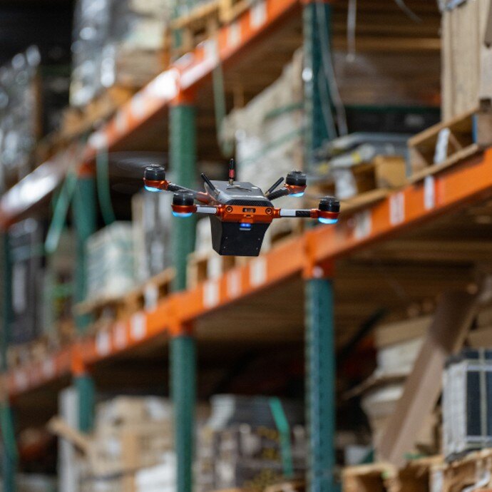 Corvus One Warehouse Inventory Drone Fying and Scanning Pallets