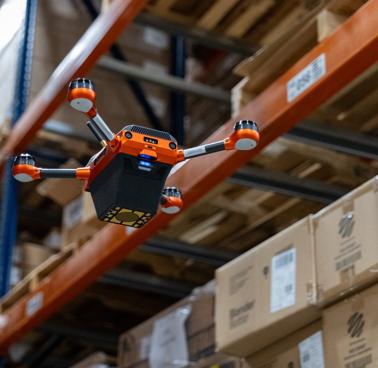 A Corvus One drone performs a cycle counting mission at GNC's Whitestown, Indiana distribution center.