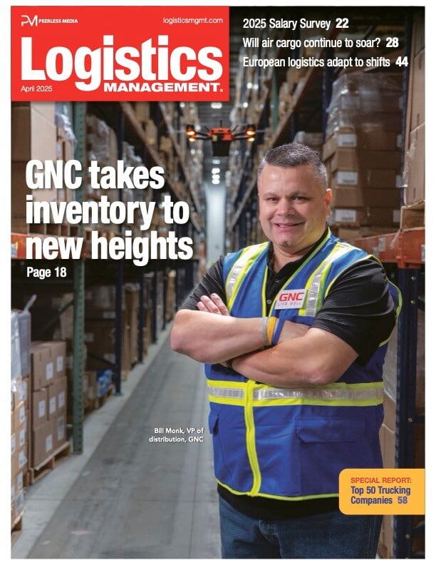 Bill Monk, VP of Distribution at GNC, featured on the cover page of the April 2025 issue of Logistics Management, highlighting a case study with Corvus Robotics drones.
