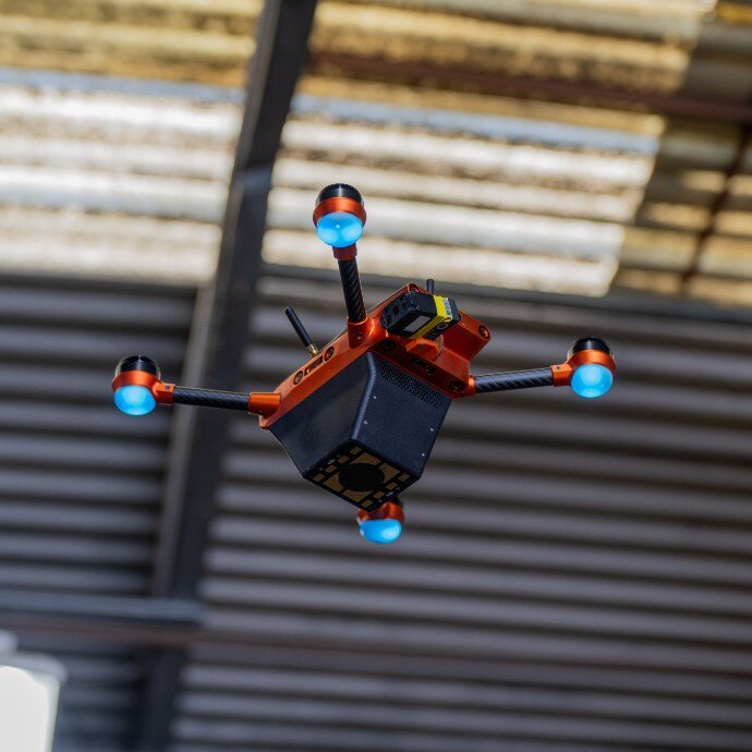 Corvus One flying in a warehouse